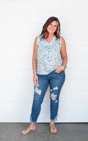Blue Lime Leopard  V-Neck Tank Top - Final Sale*