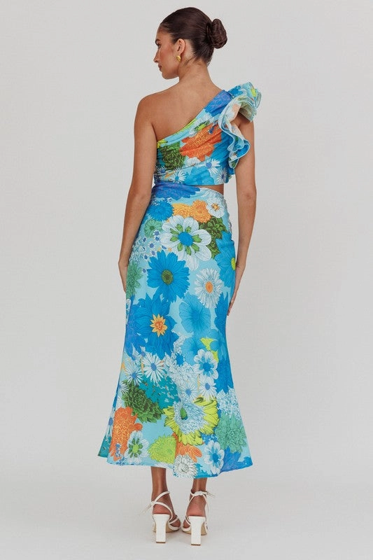 BLUE ASYMMETRICAL FLORAL MIDI DRESS