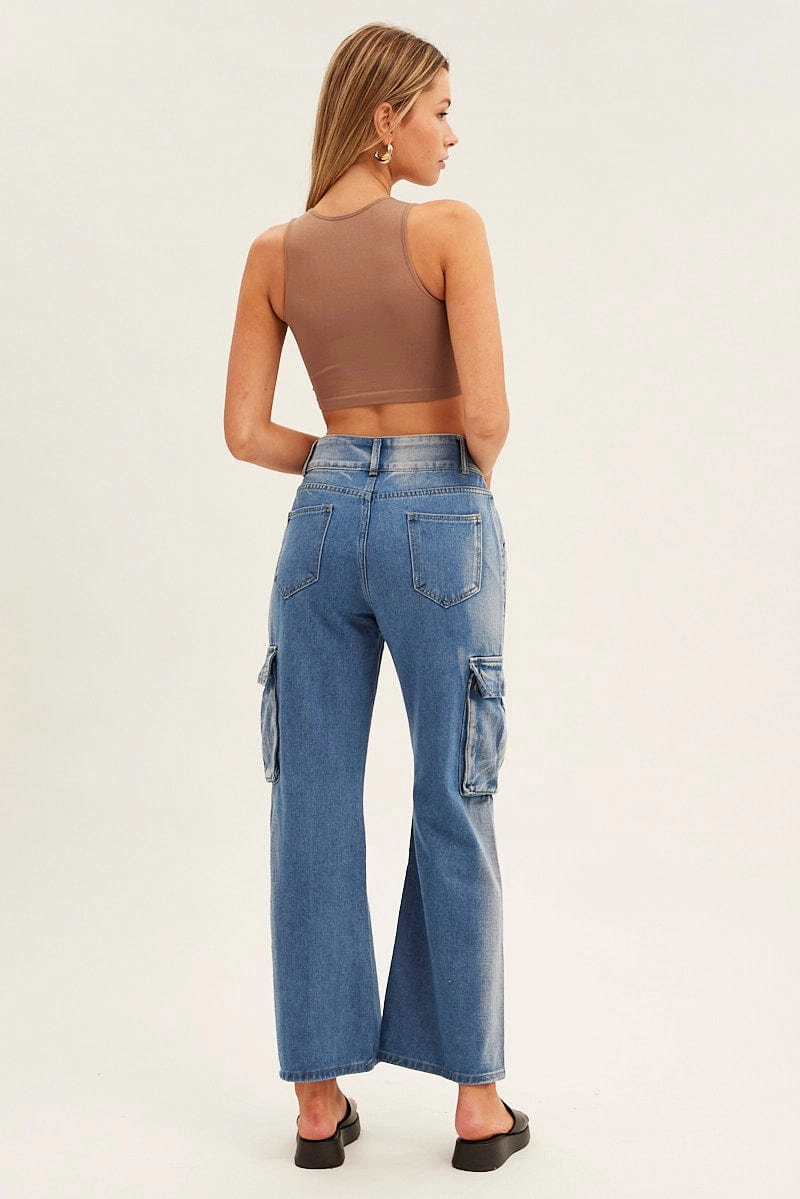 Blue Wide Leg Denim Cargo Pants