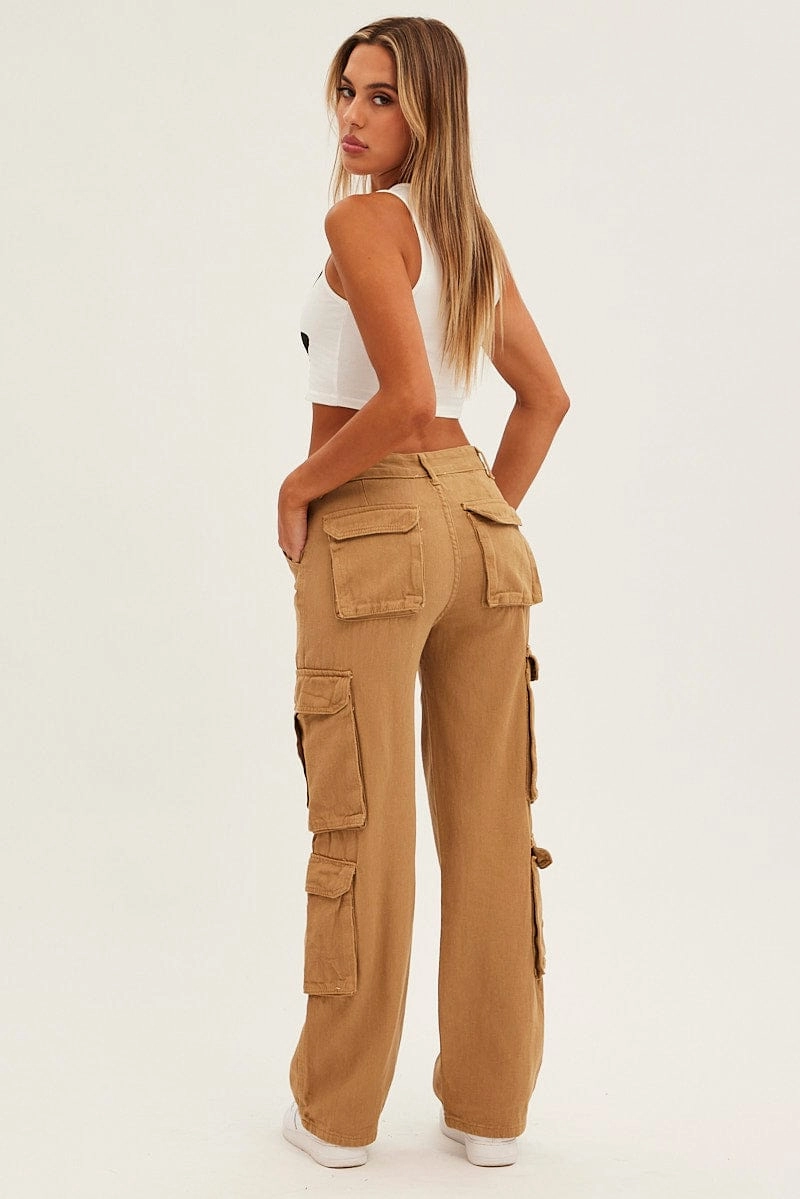 Brown Wide Leg Denim Cargo Pants