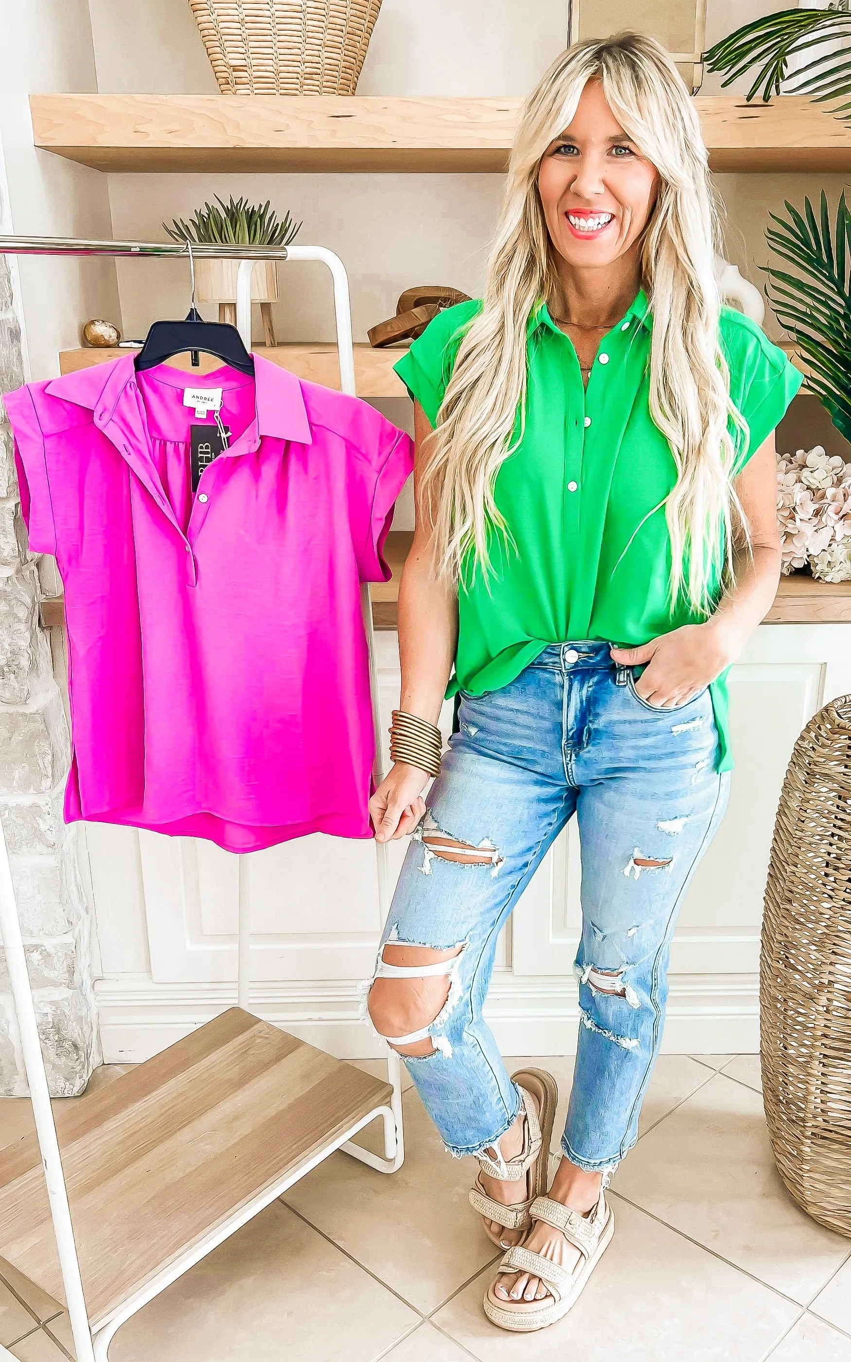 Calling Spring Cap Sleeve Button Detail Top - Final Sale