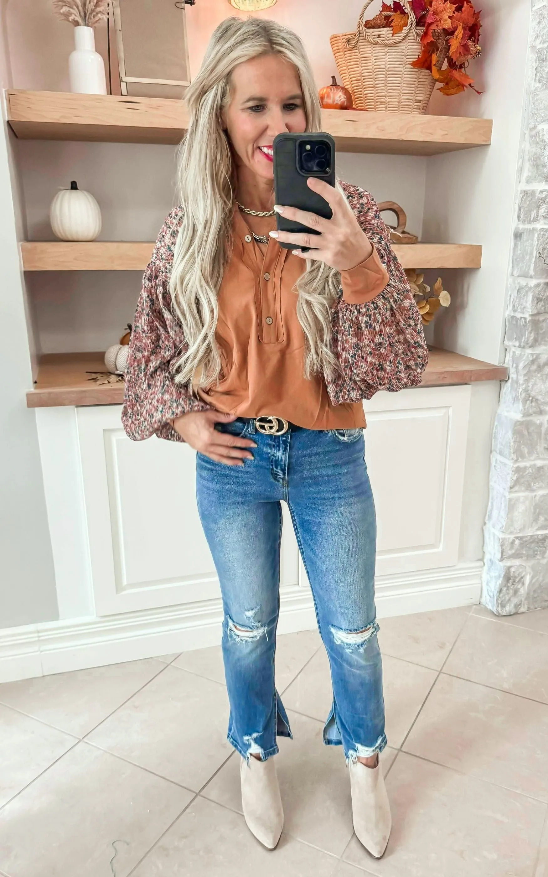 Cinnamon Mixed Fabric Button Top