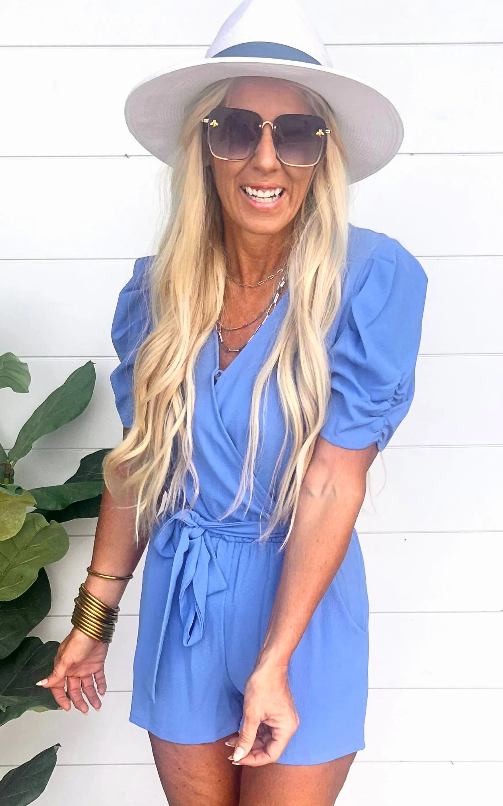 Clean Blue Ruched Short Sleeve Wrap Romper | FINAL SALE