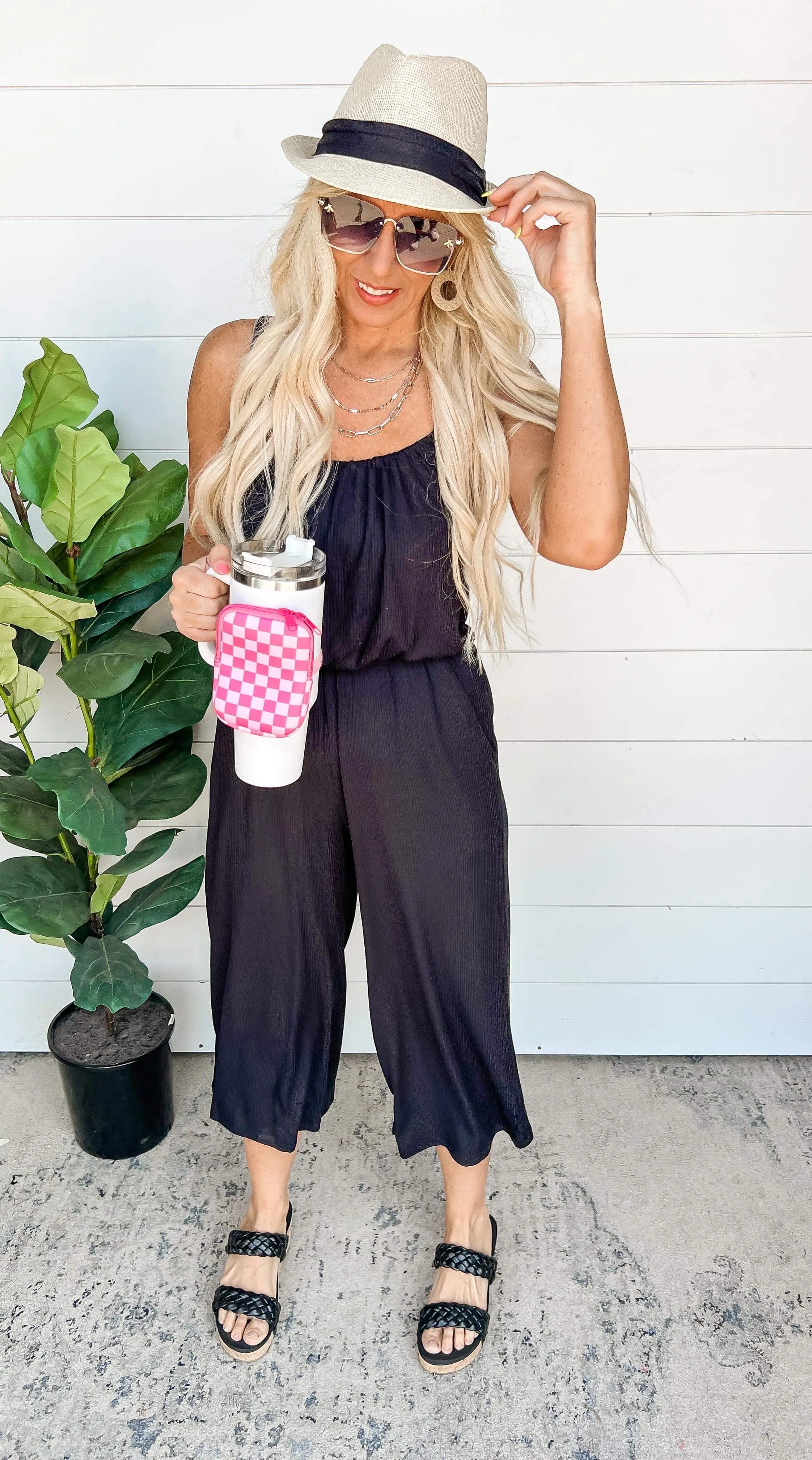 Cropped Spaghetti Strap Jumpsuit - Black - Final Sale
