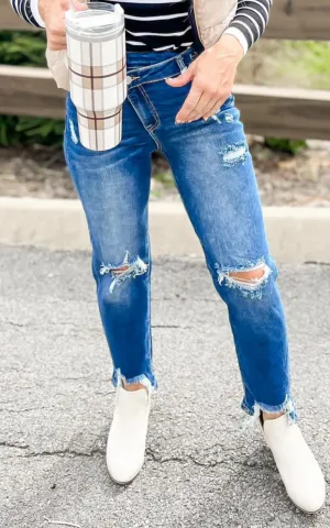 Crossover Distressed Girlfriend Denim Jeans | Risen - Final Sale