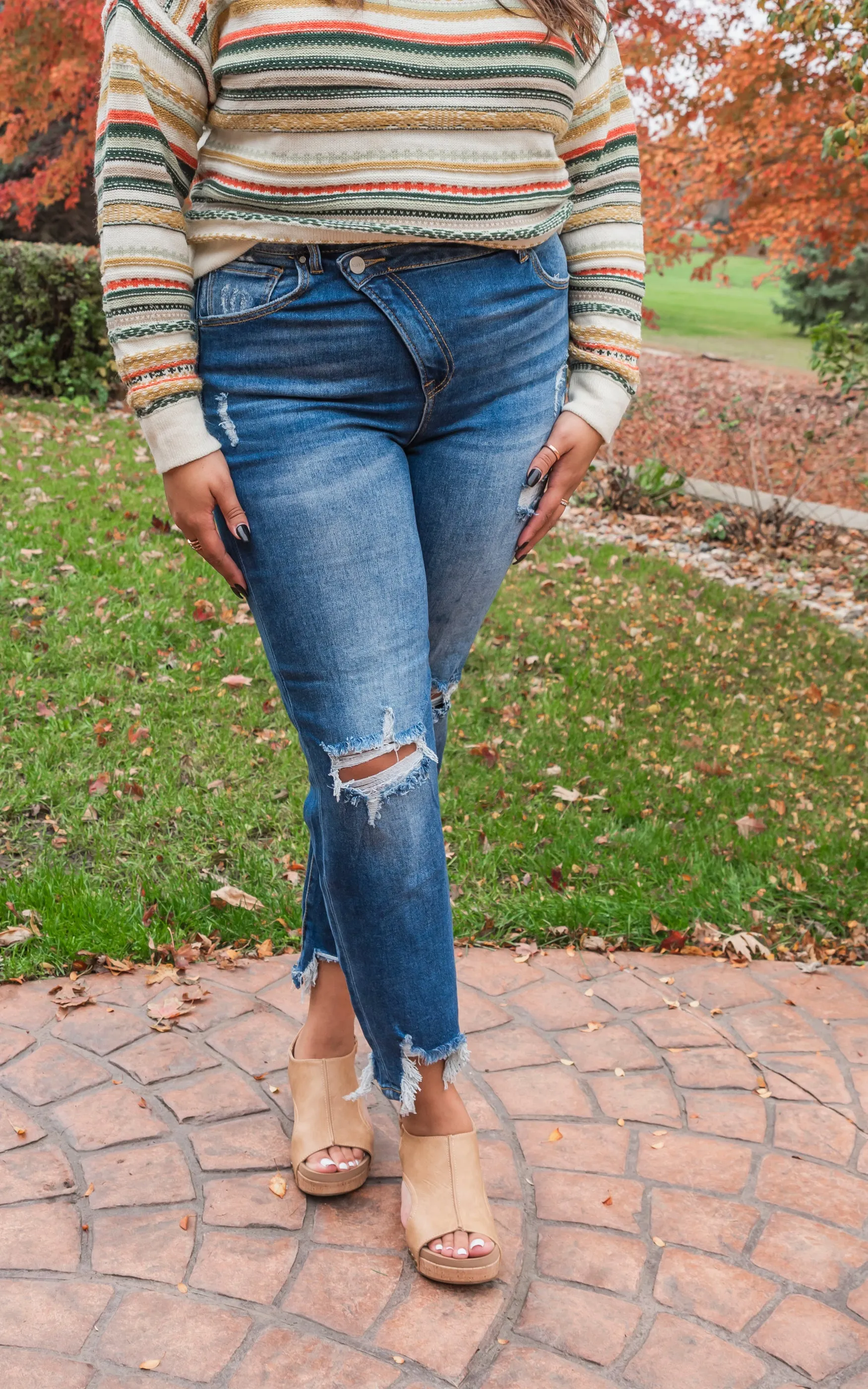 Crossover Distressed Girlfriend Denim Jeans | Risen - Final Sale