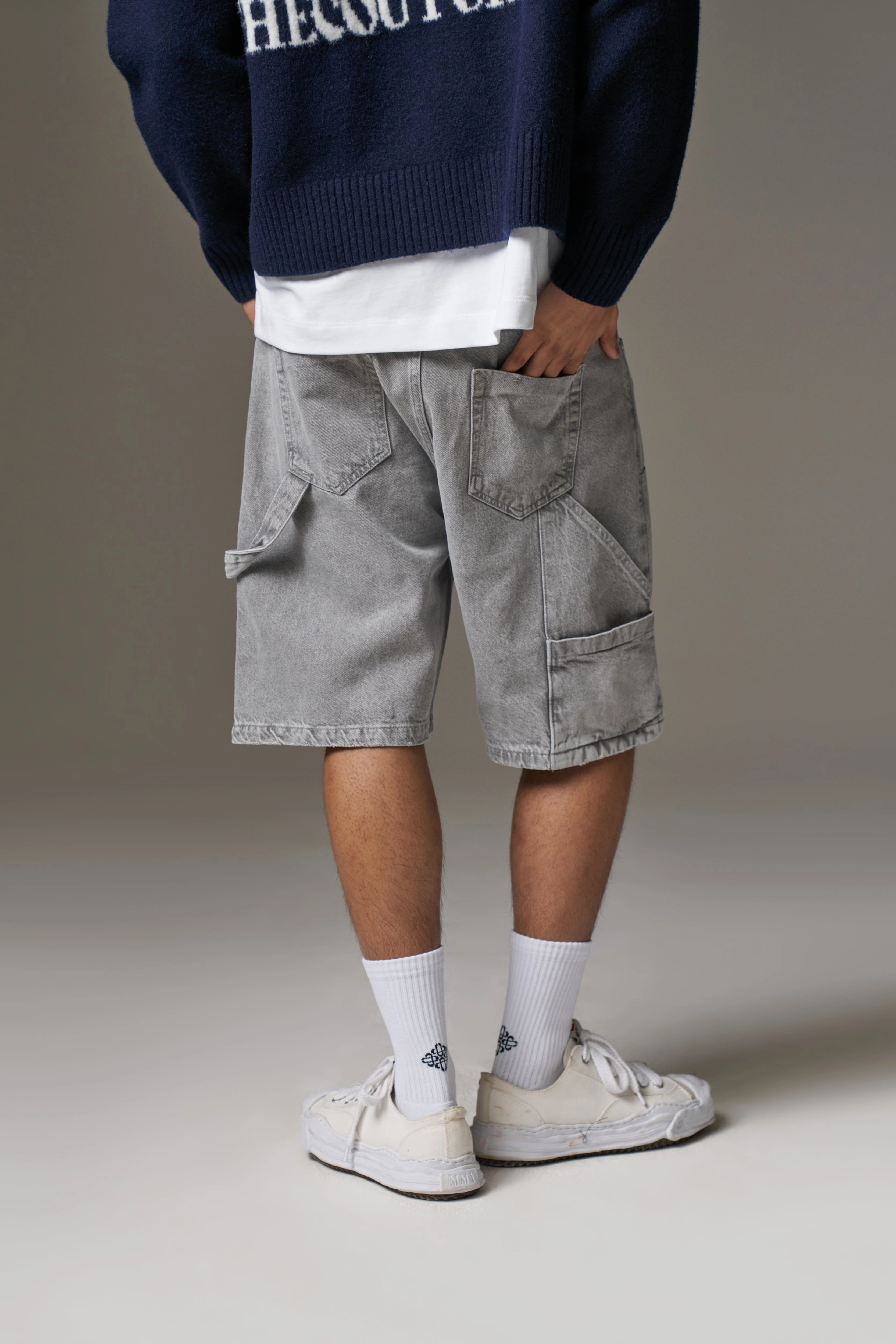 DENIM CARPENTER SHORTS - GREY WASH