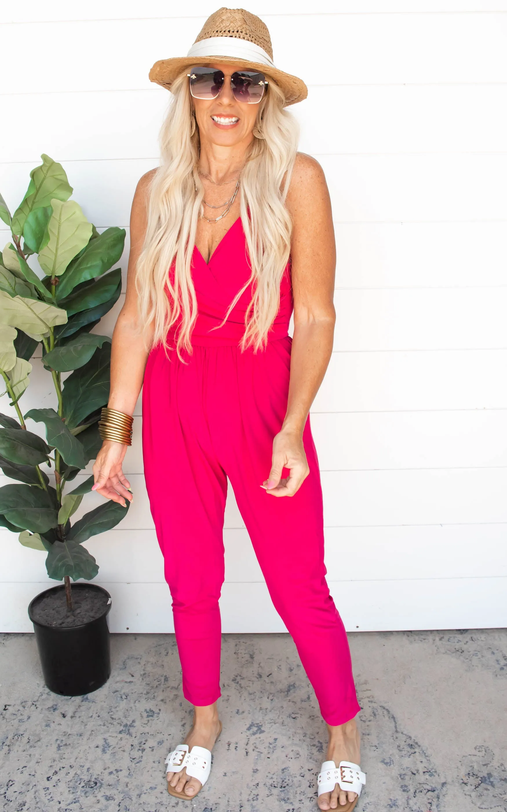 Fuchsia Sleeveless Faux Wrap Jumpsuit | FINAL SALE
