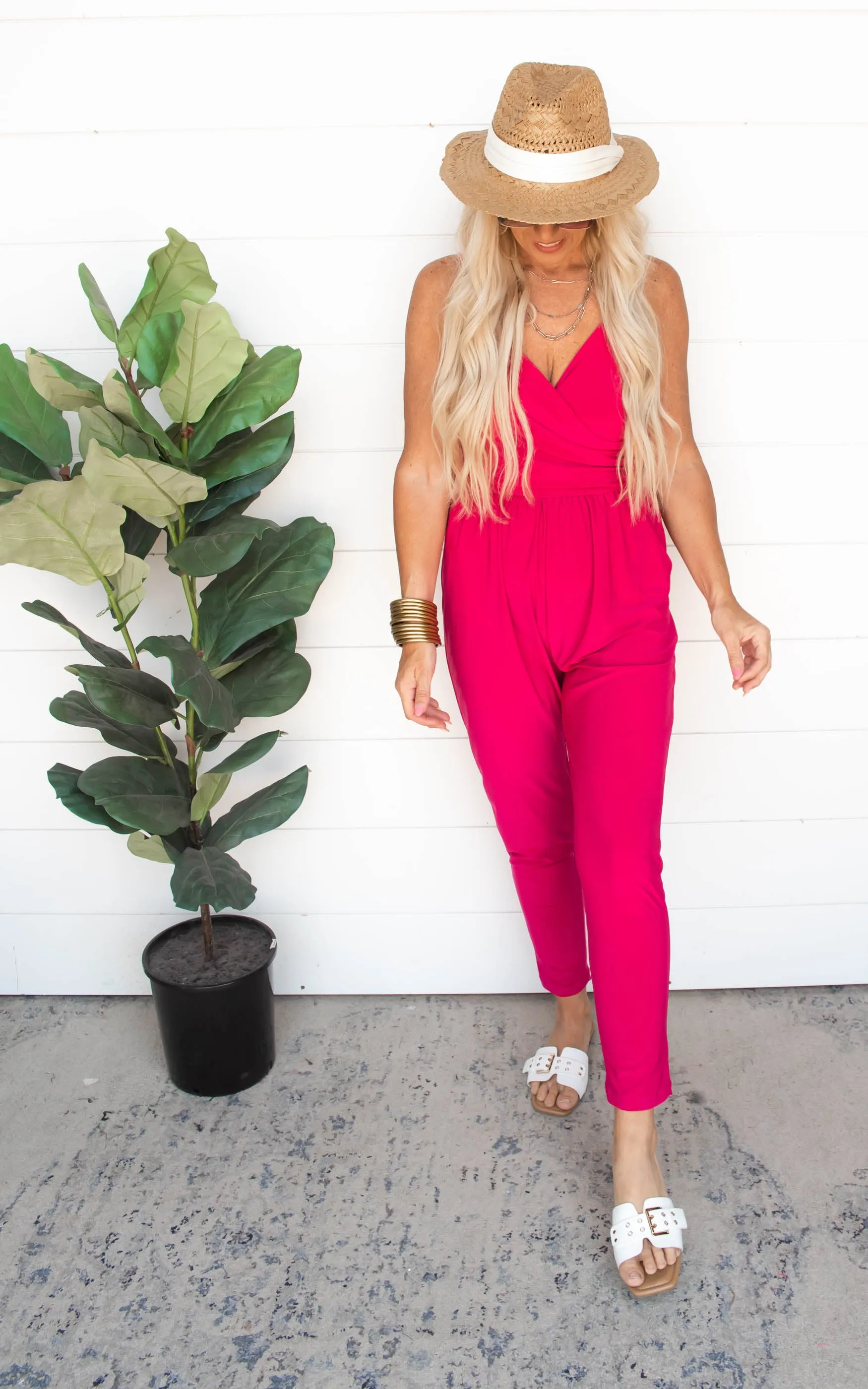 Fuchsia Sleeveless Faux Wrap Jumpsuit | FINAL SALE