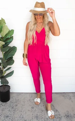Fuchsia Sleeveless Faux Wrap Jumpsuit | FINAL SALE