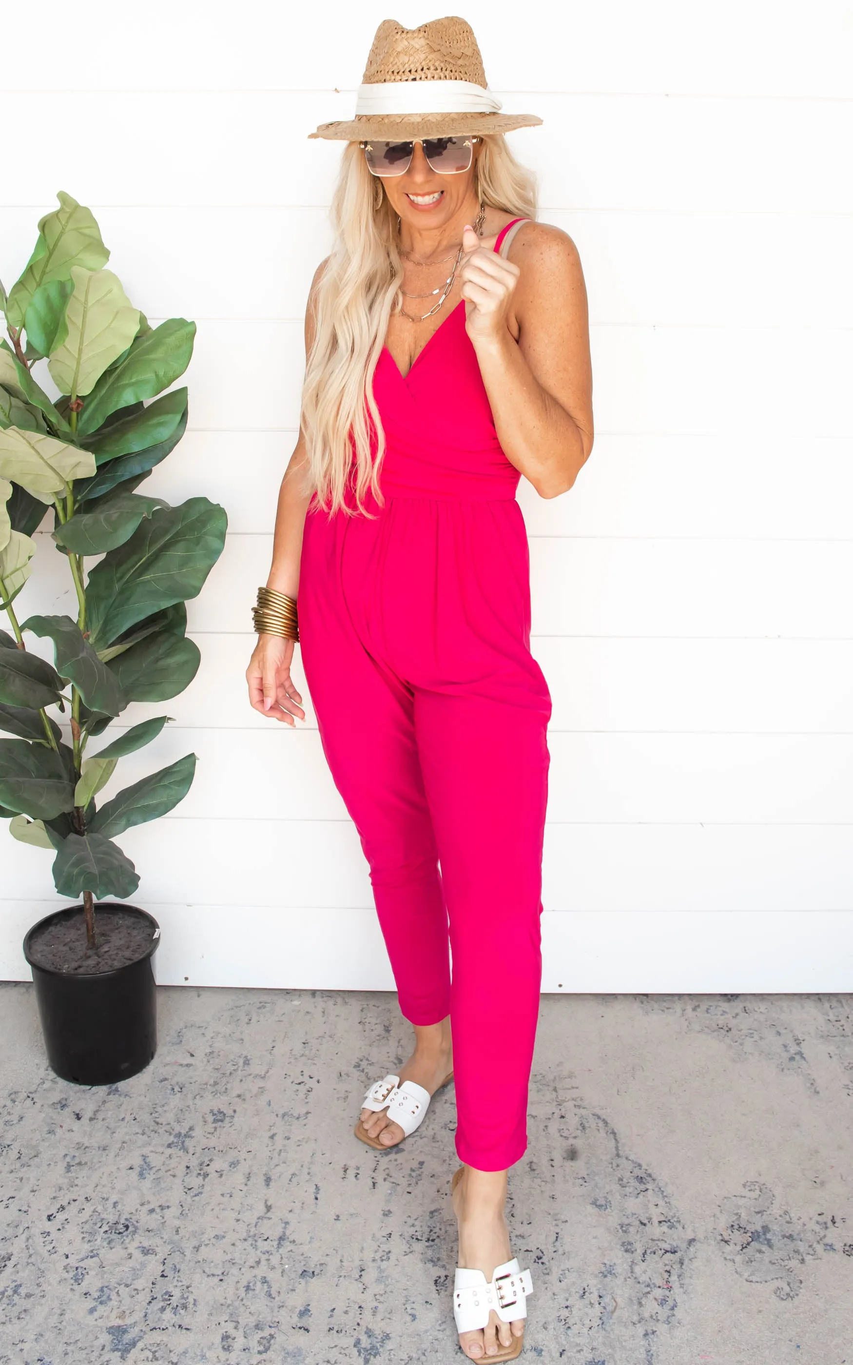 Fuchsia Sleeveless Faux Wrap Jumpsuit | FINAL SALE