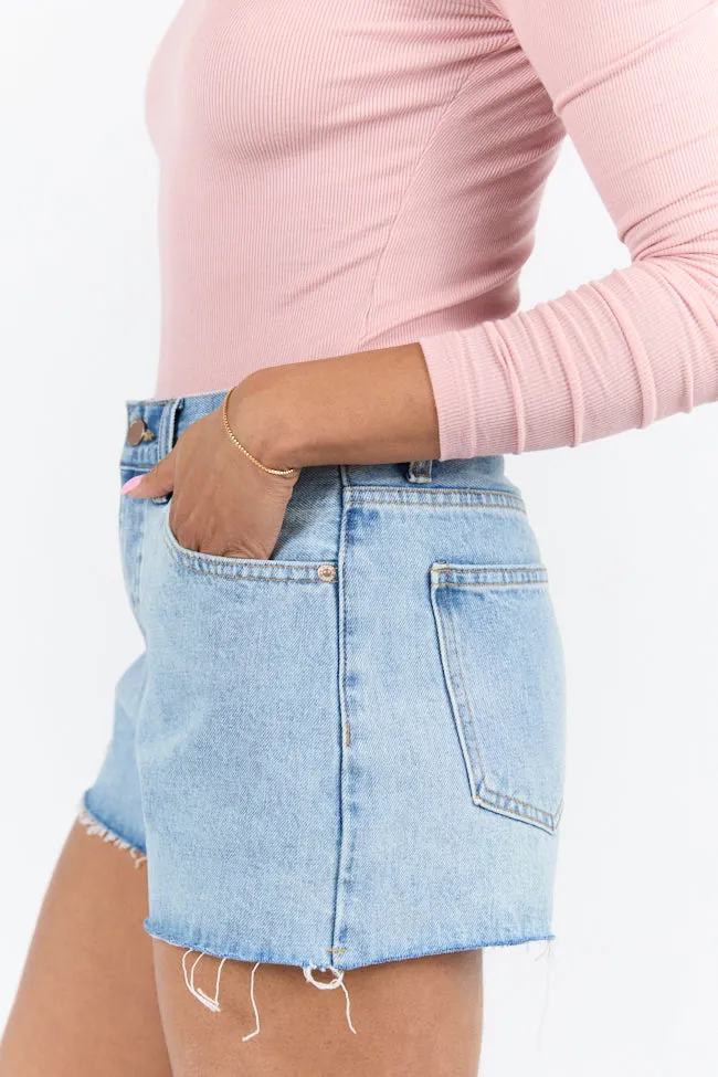 Give It A Go Light Wash Raw Hem Denim Shorts