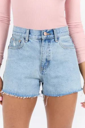 Give It A Go Light Wash Raw Hem Denim Shorts