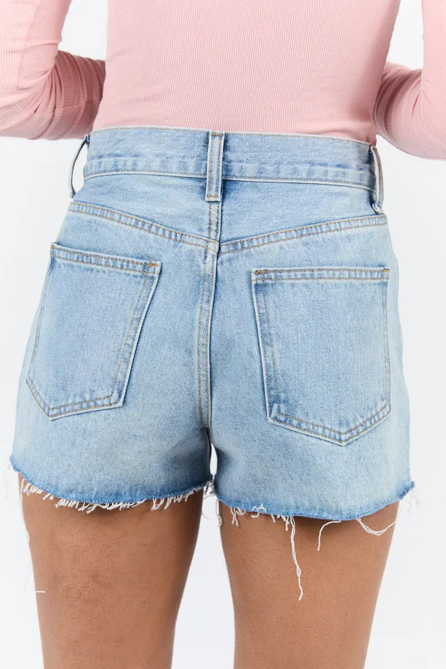 Give It A Go Light Wash Raw Hem Denim Shorts