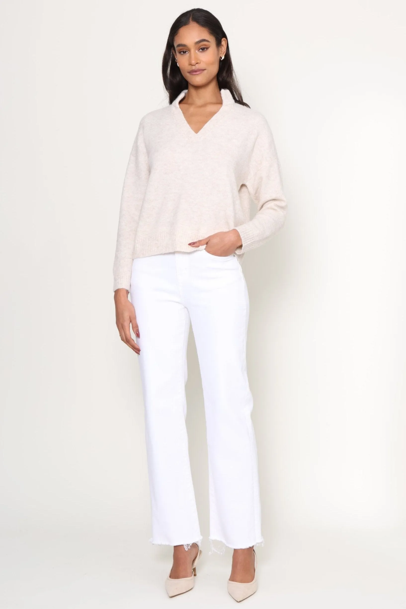 High Rise Wide Leg Raw Hem- Alabaster