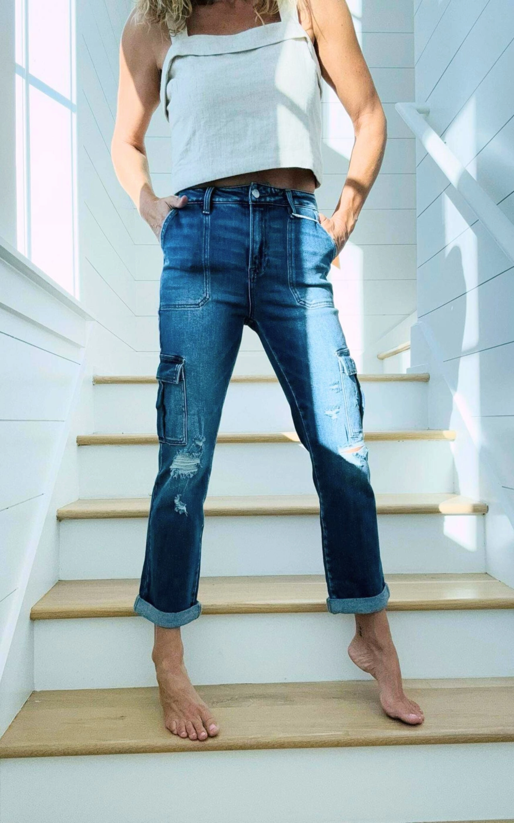 HIGH RISE CARGO ANKLE ROLL UP STRAIGHT PANTS | RISEN - Final Sale