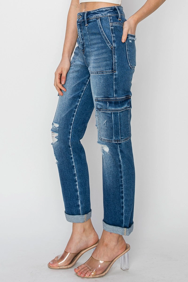 HIGH RISE CARGO ANKLE ROLL UP STRAIGHT PANTS | RISEN - Final Sale