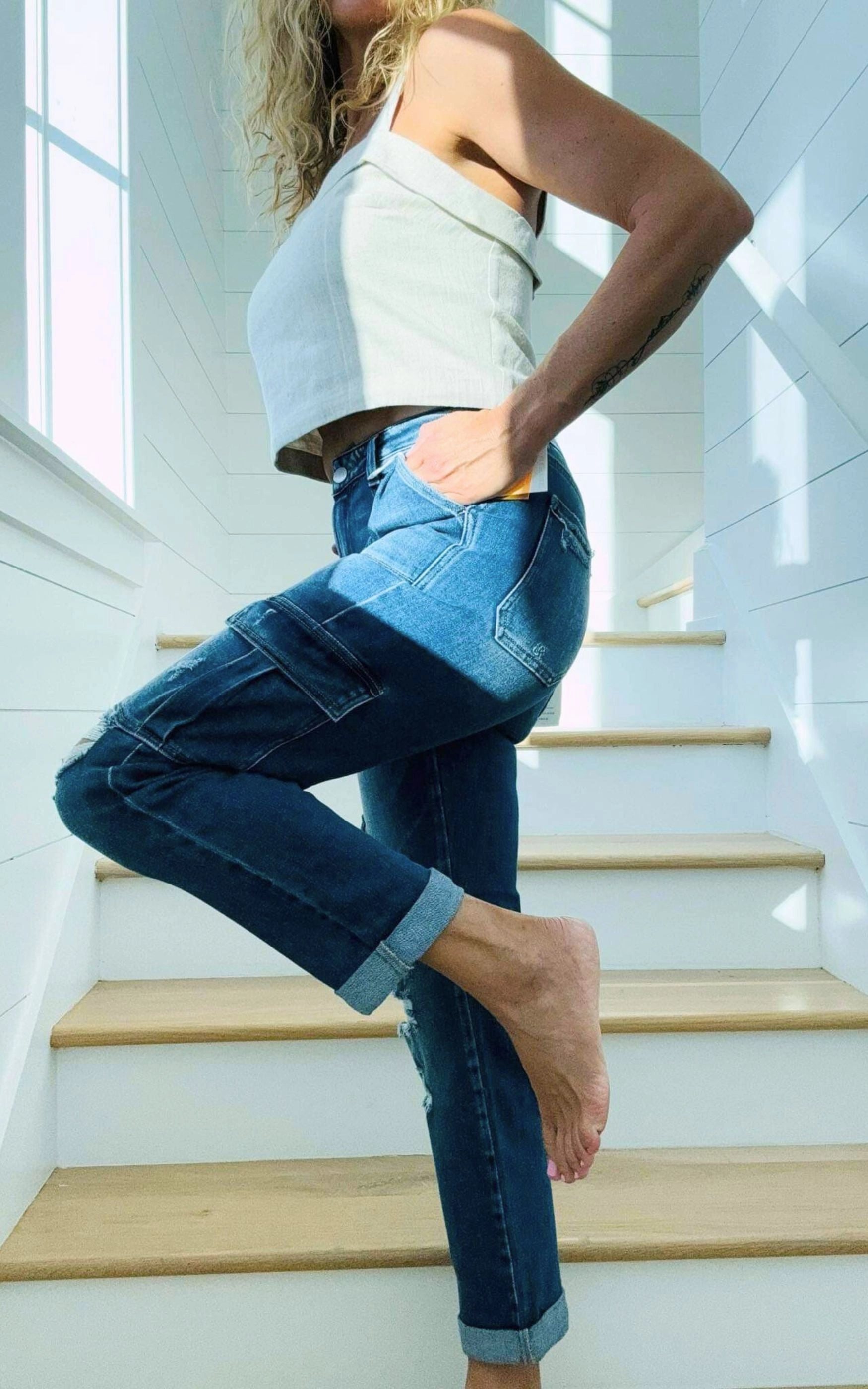 HIGH RISE CARGO ANKLE ROLL UP STRAIGHT PANTS | RISEN - Final Sale