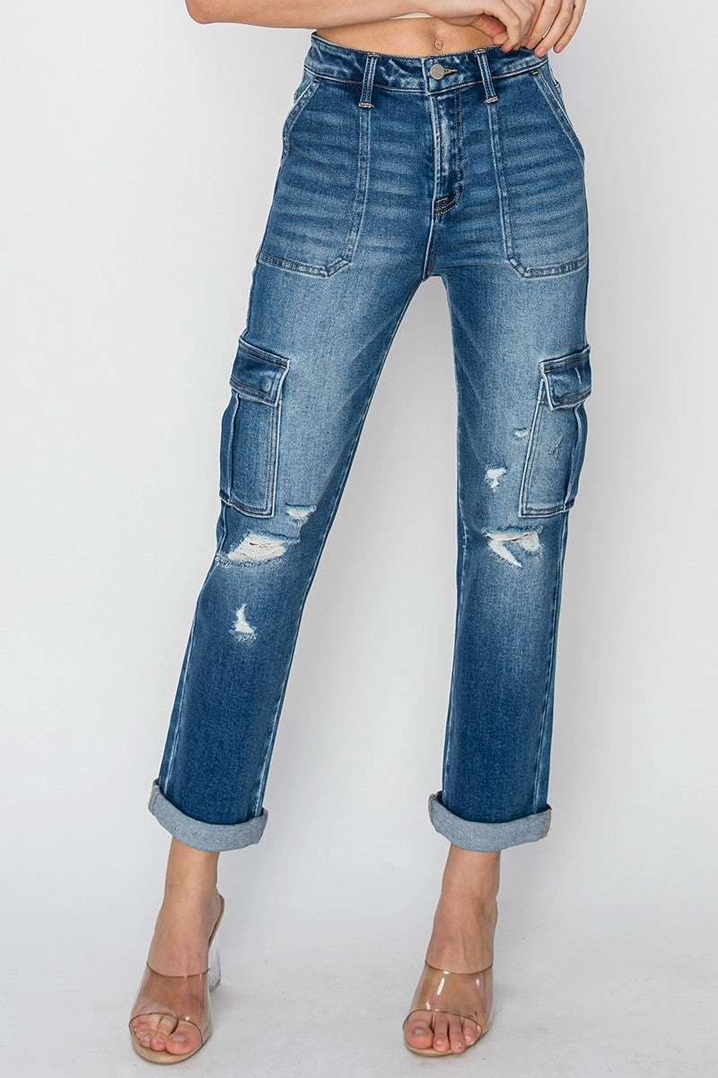 HIGH RISE CARGO ANKLE ROLL UP STRAIGHT PANTS | RISEN - Final Sale