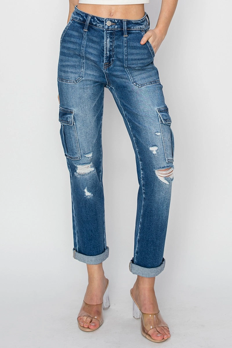HIGH RISE CARGO ANKLE ROLL UP STRAIGHT PANTS | RISEN - Final Sale