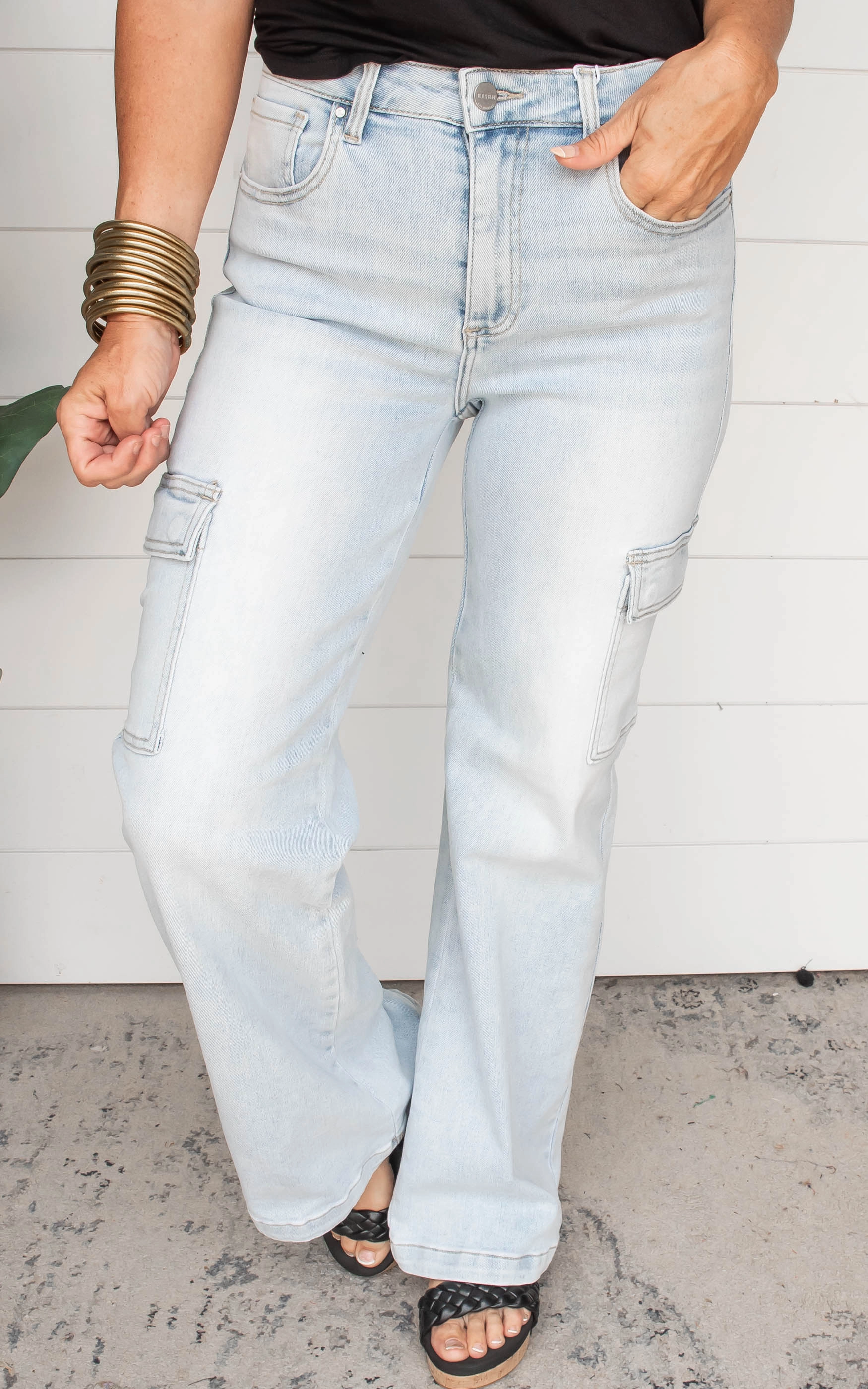 High Rise Wide Cargo Denim Jeans - Risen - Final Sale