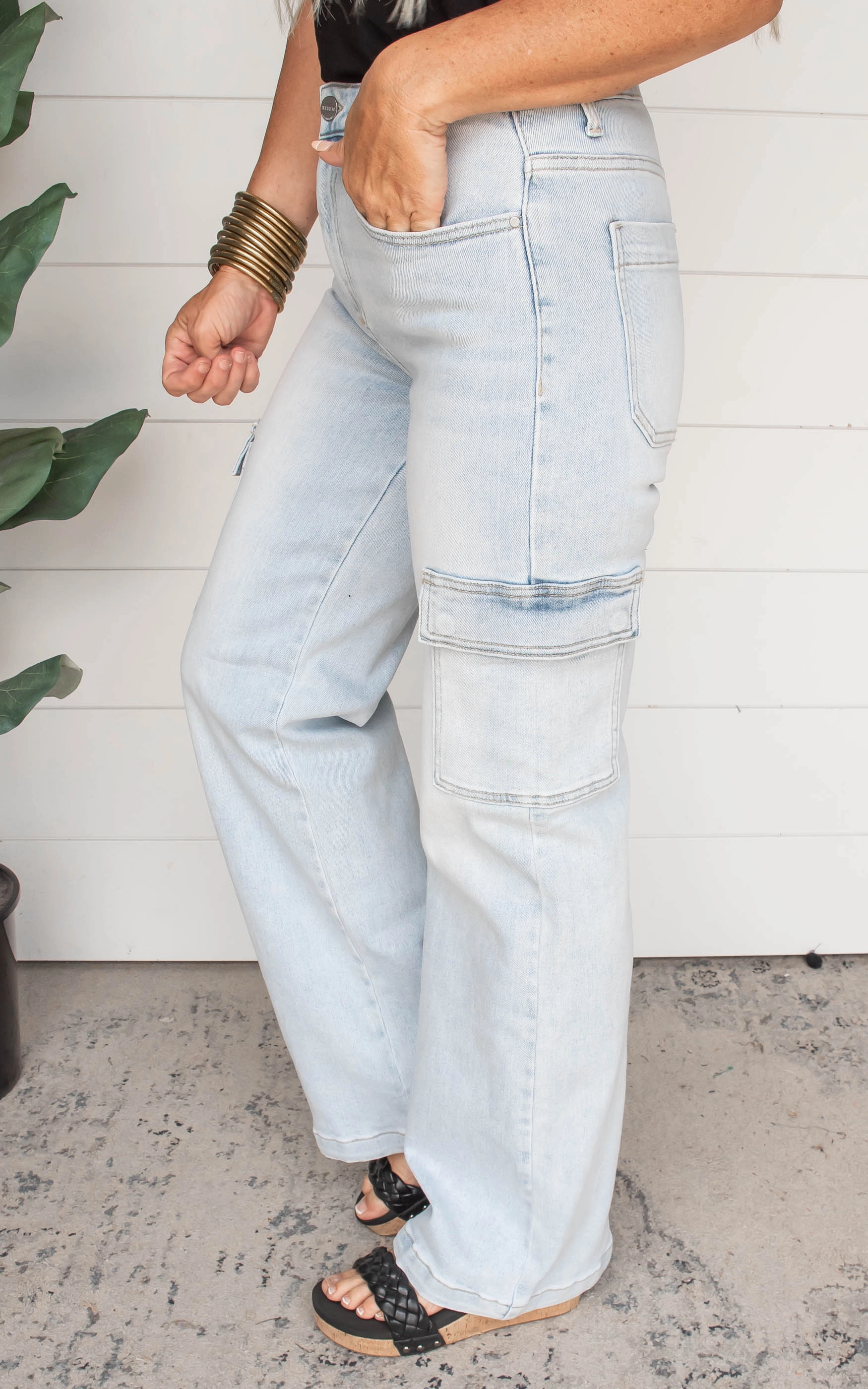 High Rise Wide Cargo Denim Jeans - Risen - Final Sale