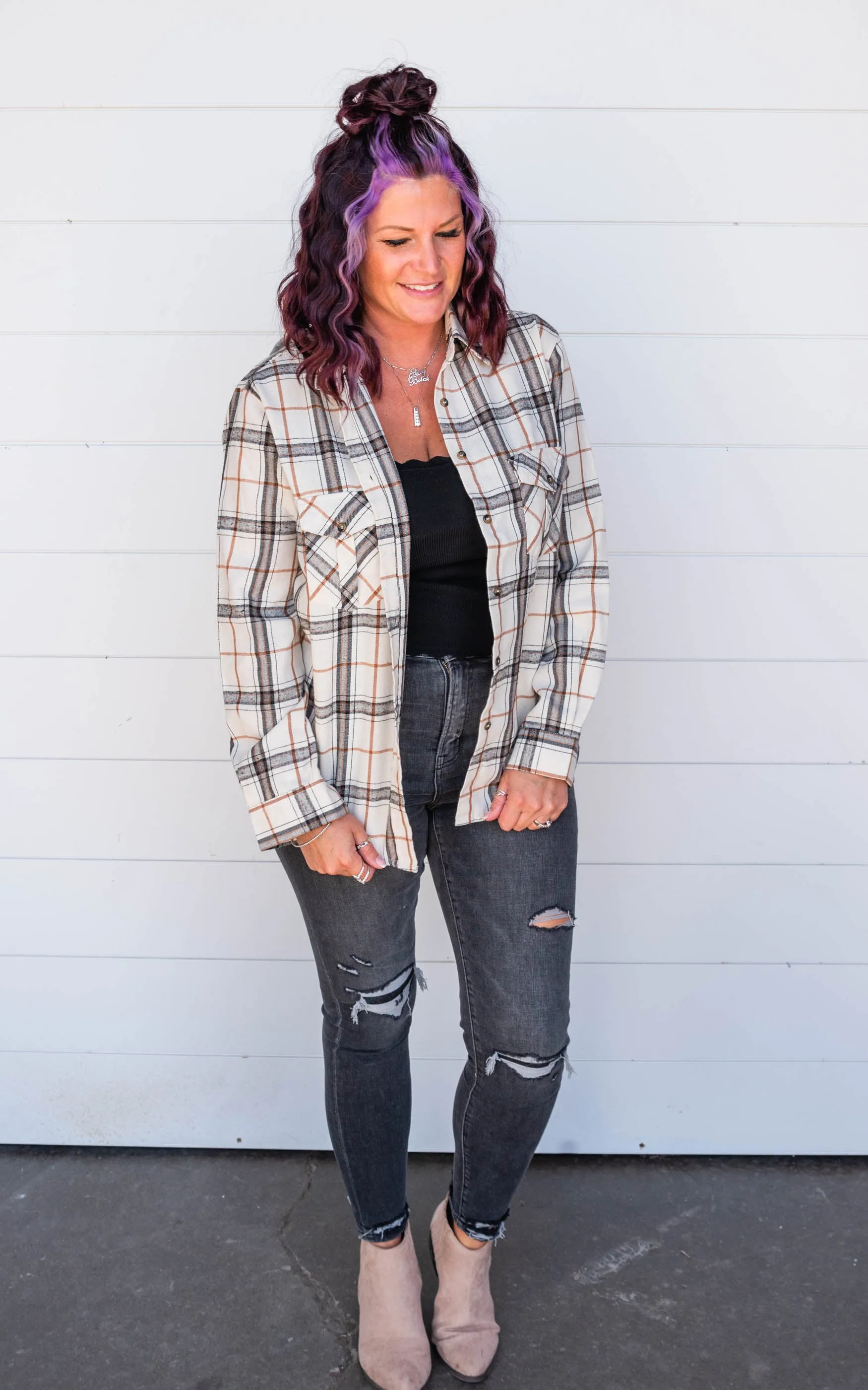 Hooded Button Up Plaid Top - Final Sale