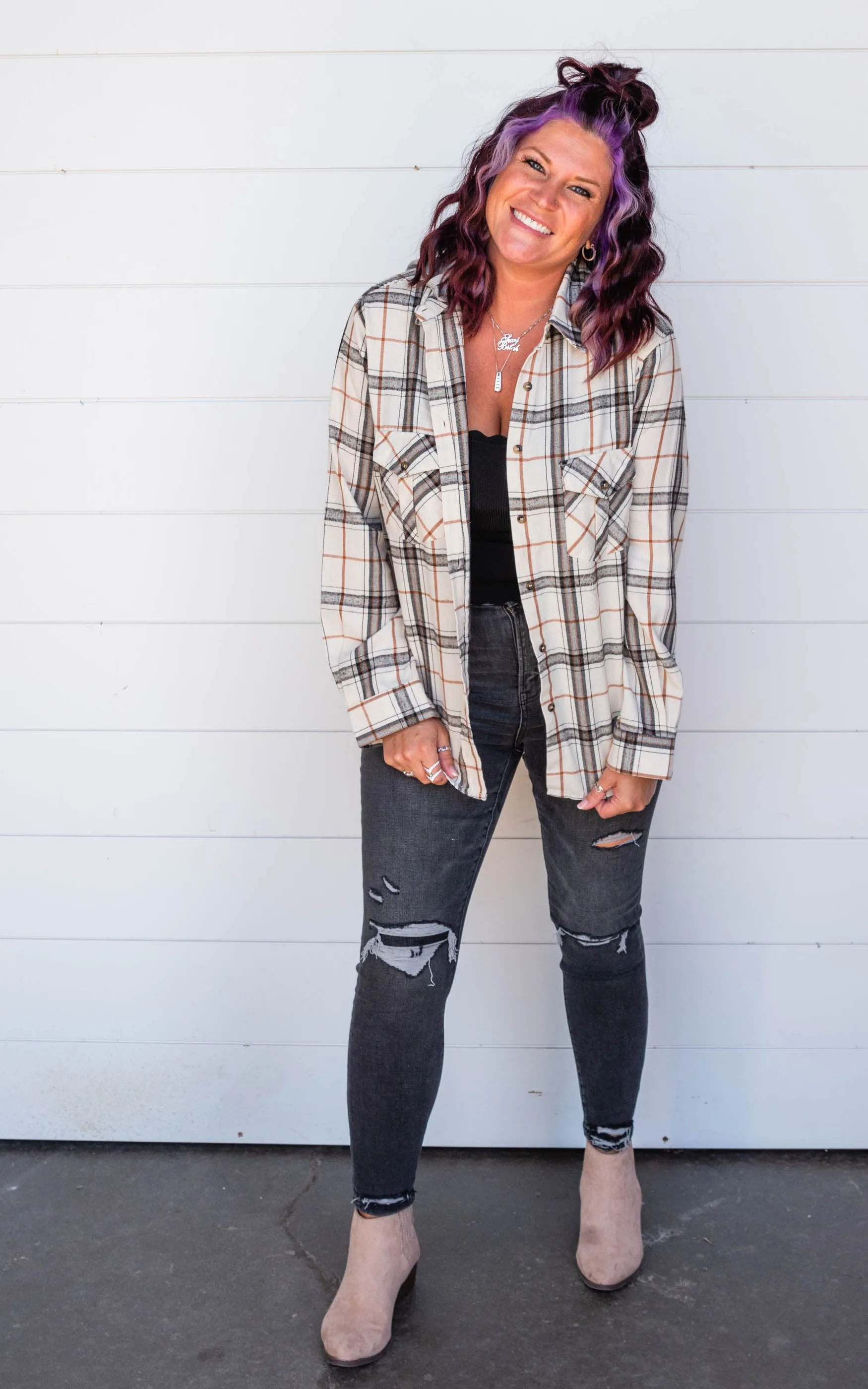 Hooded Button Up Plaid Top - Final Sale