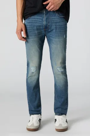 Jean mince extensible à effet d'usure lavé foncé