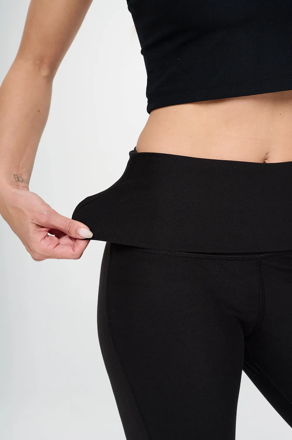 Jessica - Black - Fold - Over Waistband Straight Flare Compression Legging