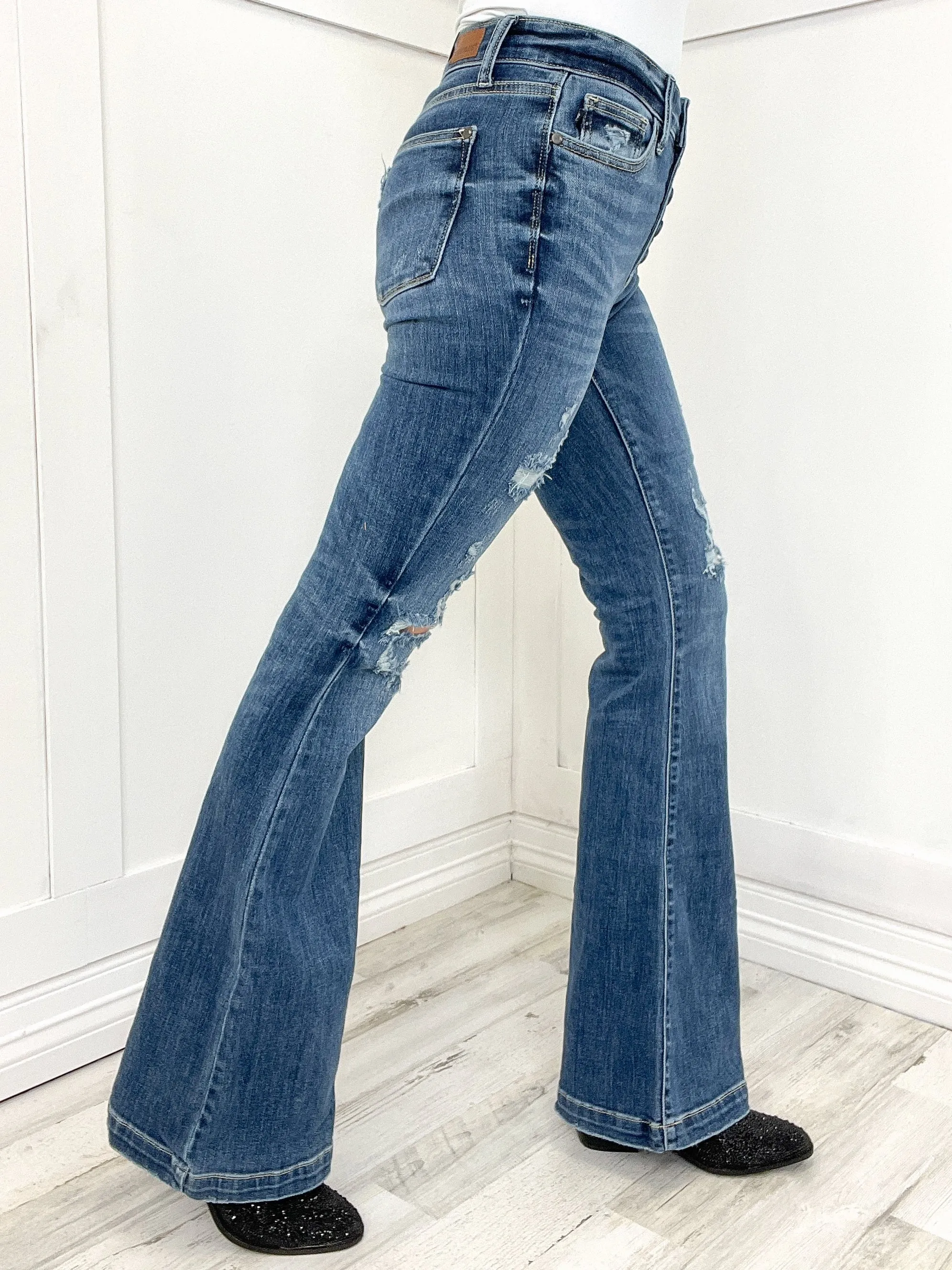 Judy Blue LUNA Button Fly Distressed Trouser Denim Jeans