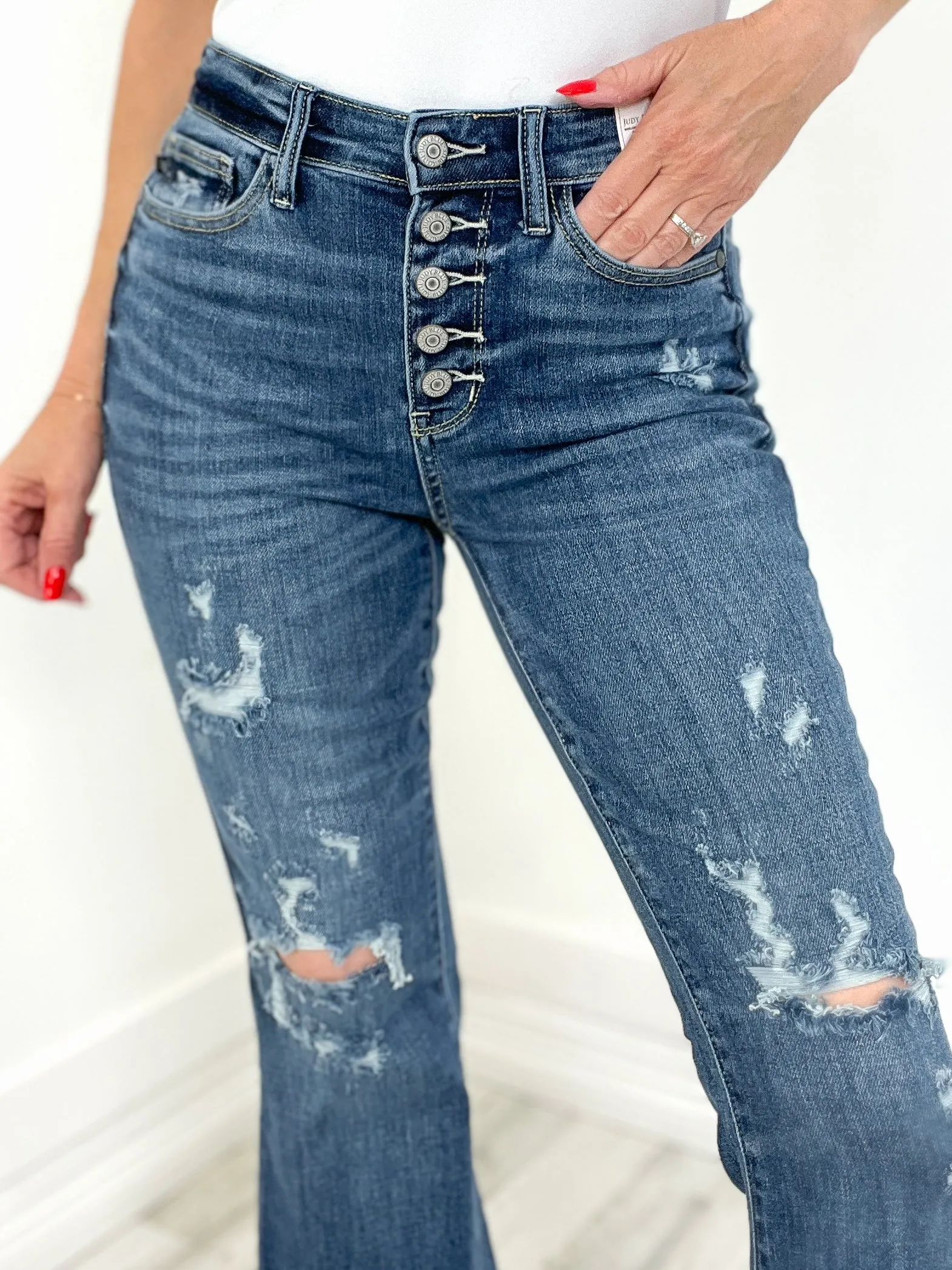 Judy Blue LUNA Button Fly Distressed Trouser Denim Jeans