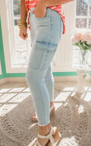 Junior Mid-Rise Pull-On Cargo Ankle Jeans  | YMI Final Sale
