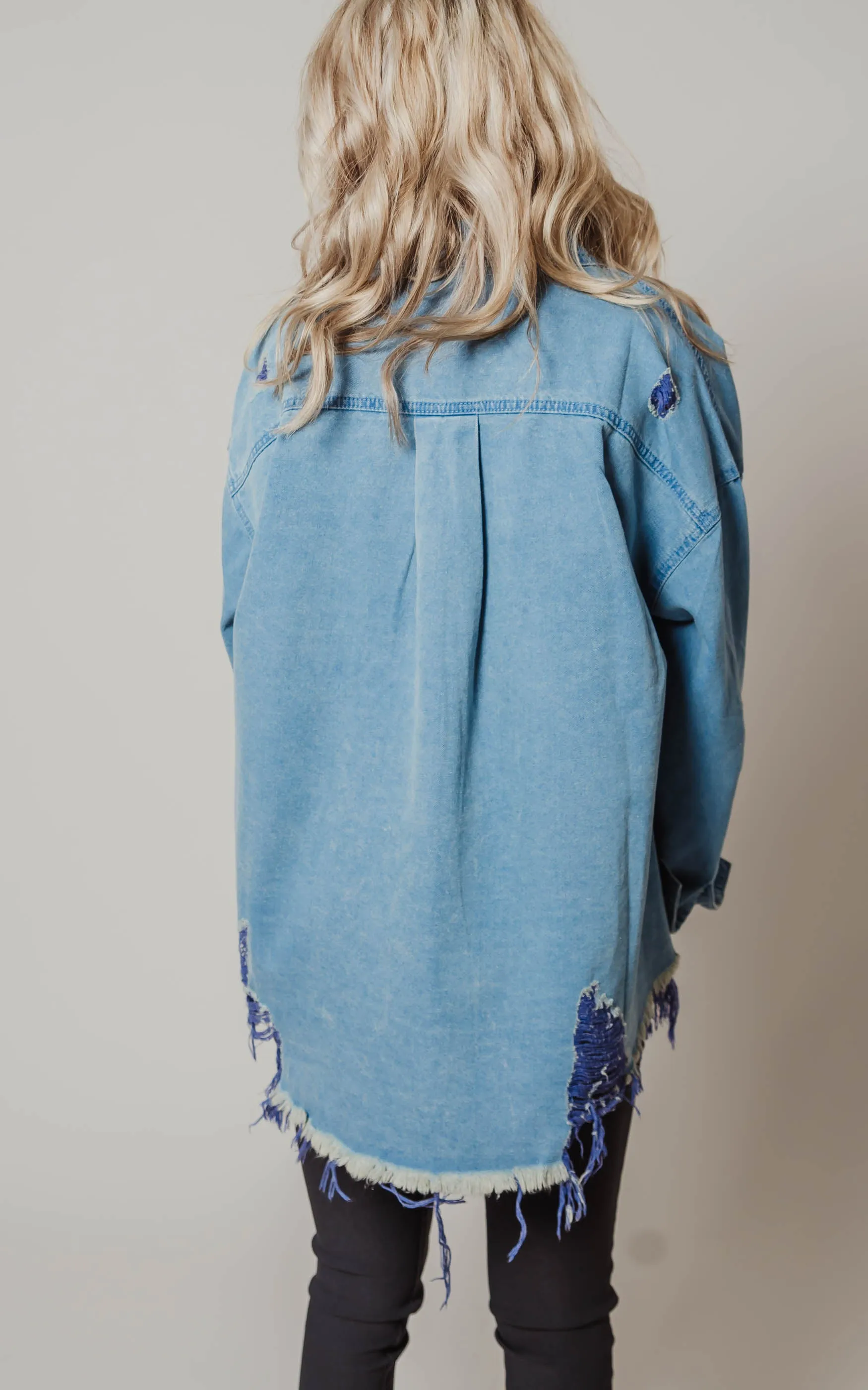 Long Sleeve Solid Woven Denim Distressed Shacket - Final Sale*