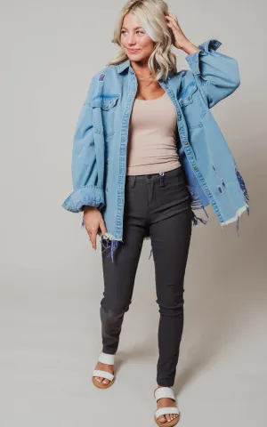 Long Sleeve Solid Woven Denim Distressed Shacket - Final Sale*
