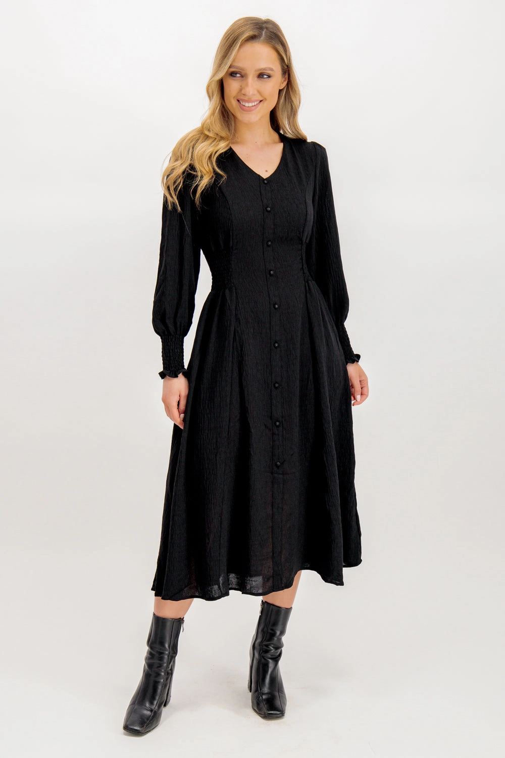 Maddie Black Button V-Neck Midi Dress