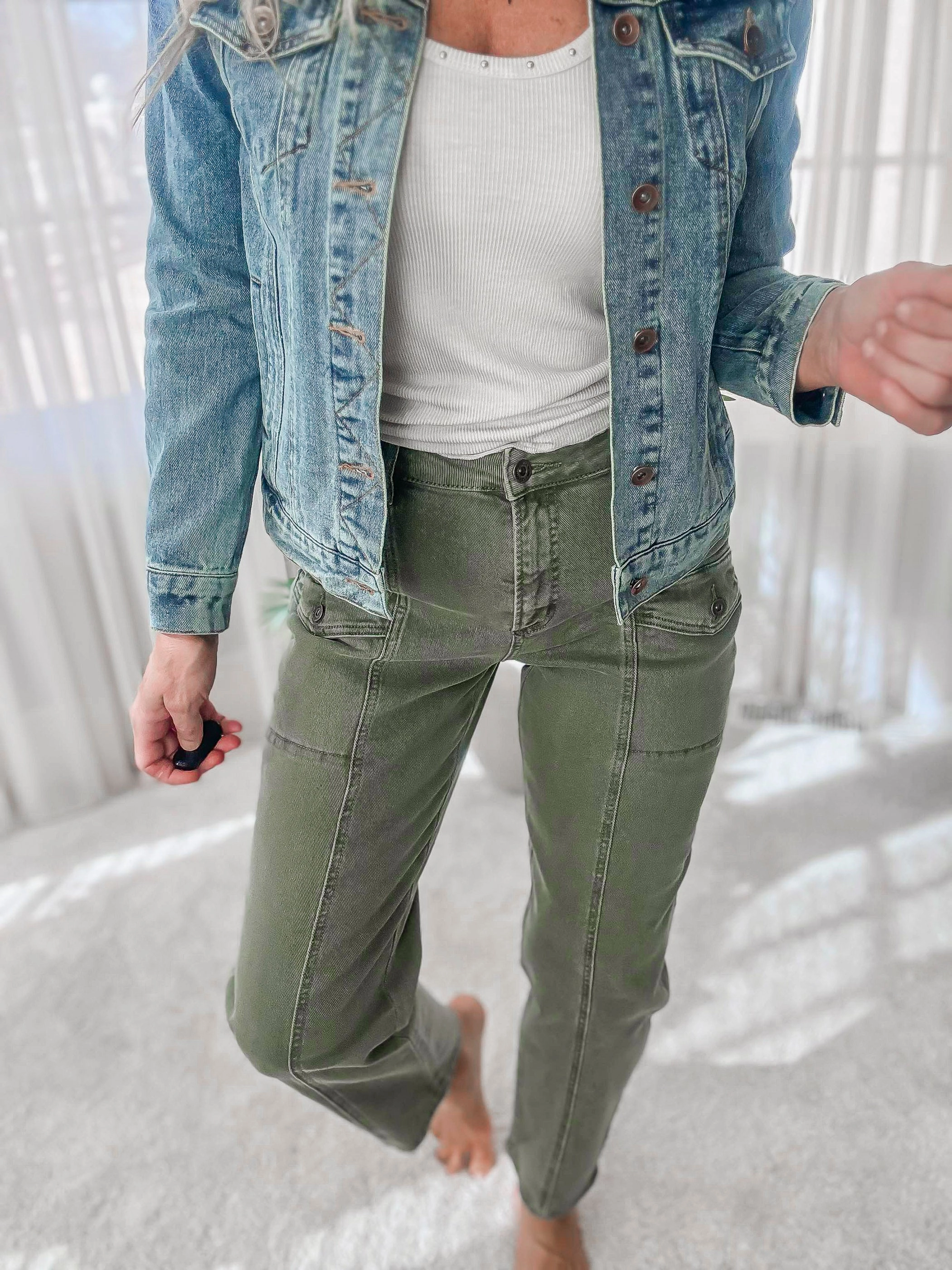 MICA | Seafoam High Rise Tapered Cargo Denim Jeans