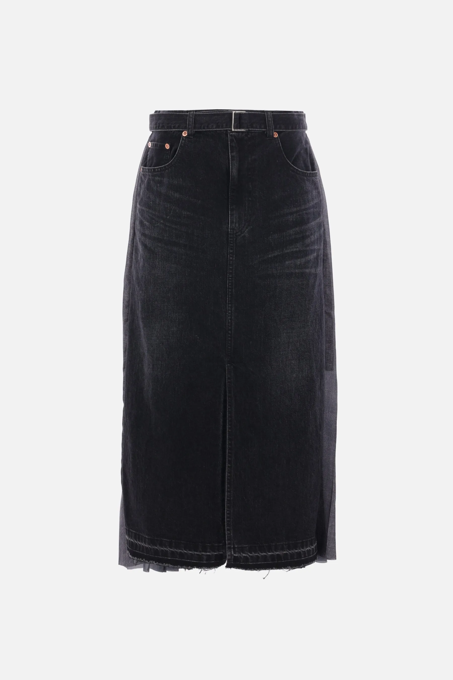 midi skirt in denim and pleated twill