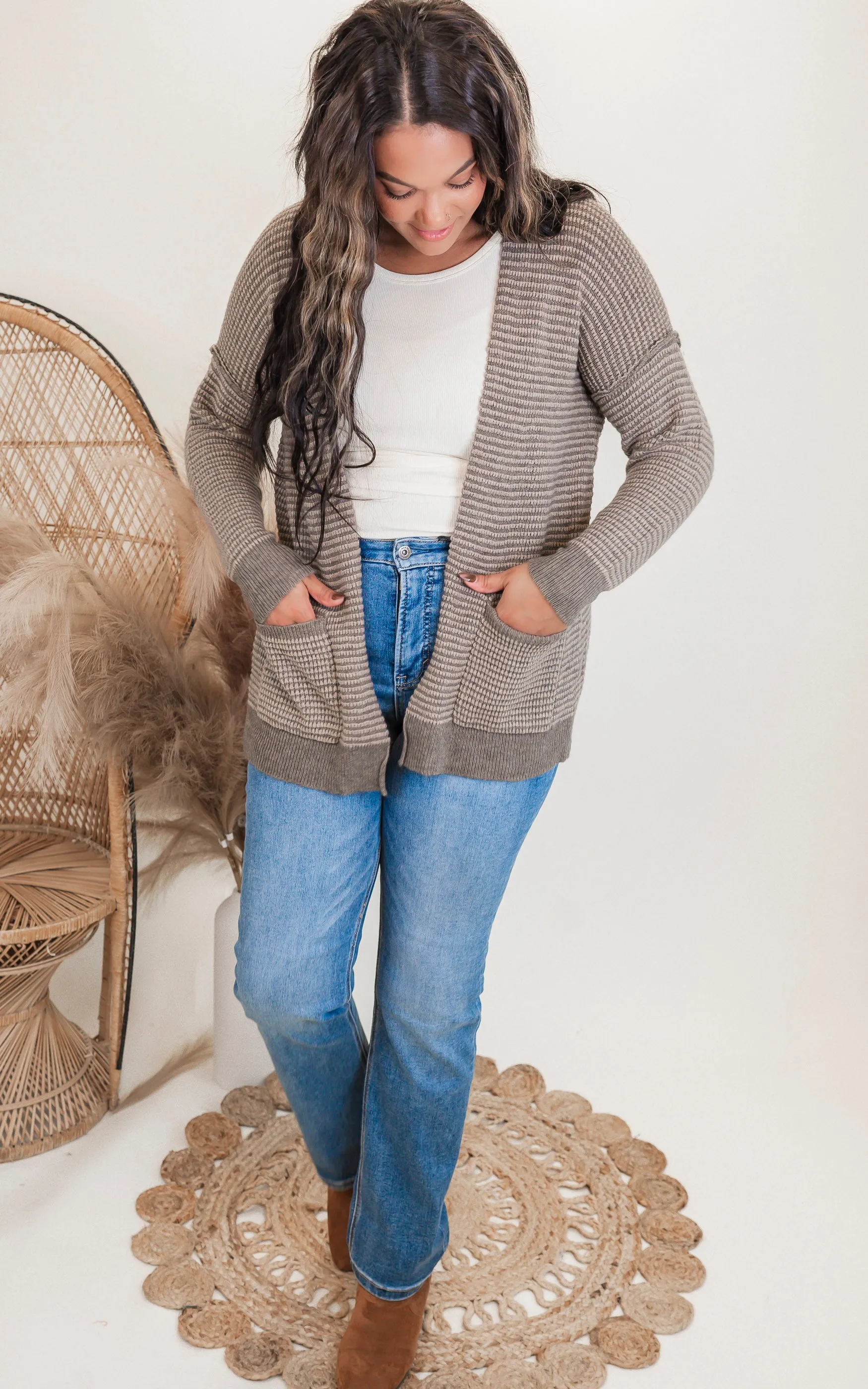 Mocha Color Waffle Texture Cardigan - Final Sale