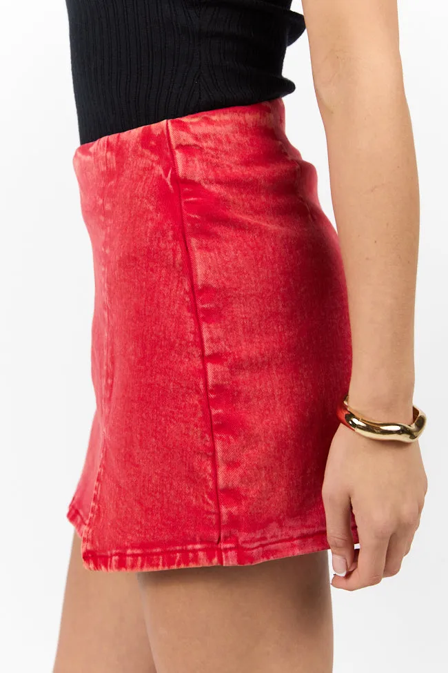 My Favorite Red Acid Wash Side Slit Denim Skort