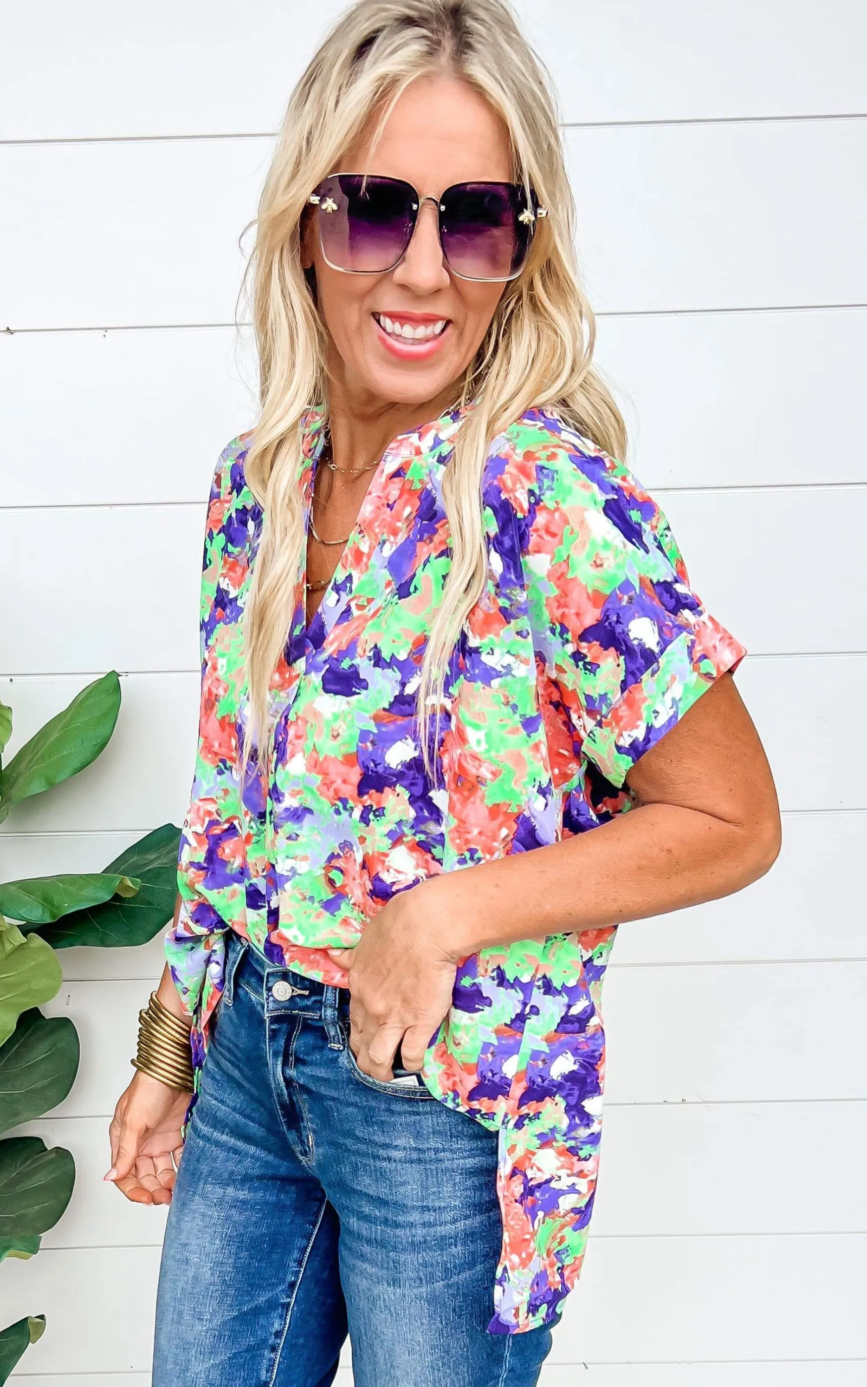 Neon Green Floral Shirring Top - Final Sale