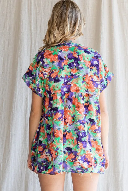 Neon Green Floral Shirring Top - Final Sale