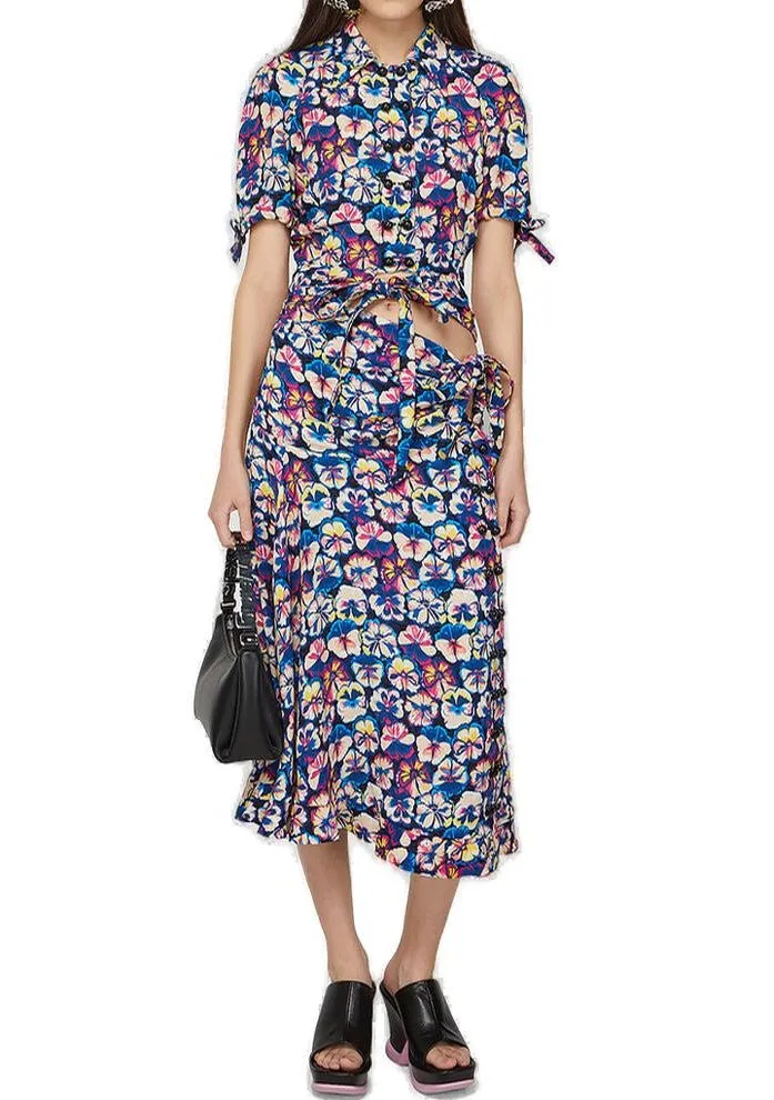 Paco Rabanne Floral Printed Ruffle Hem Midi Skirt