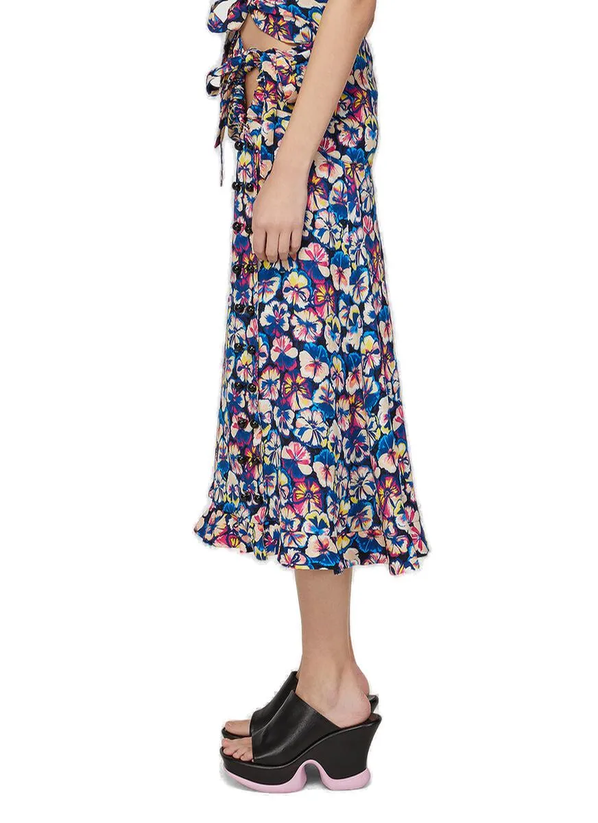 Paco Rabanne Floral Printed Ruffle Hem Midi Skirt