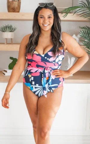 Palm Beach Blue Floral Wrap Front One Piece - Final Sale