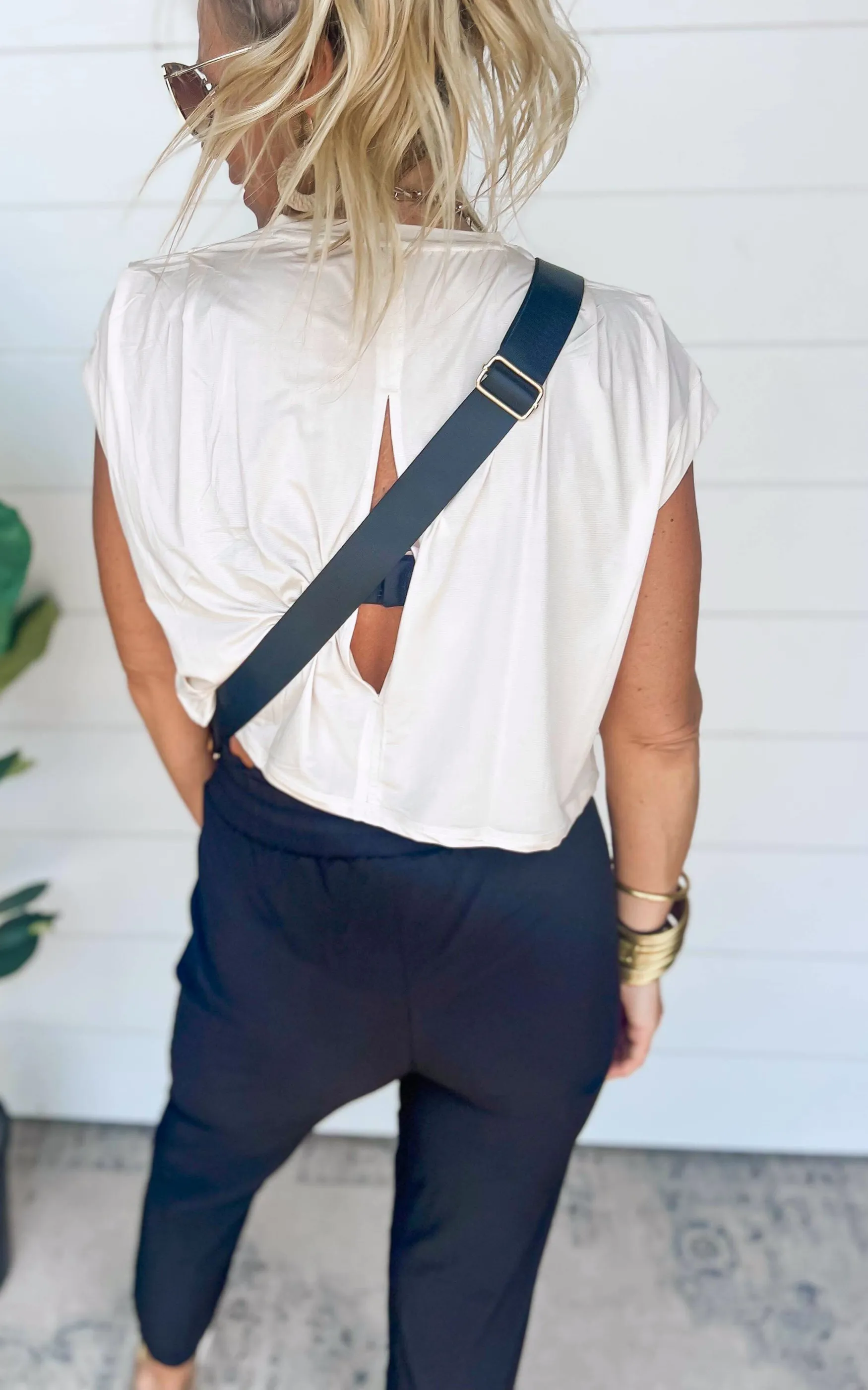 Pleated Shoulder Open Back Short Sleeve Top | MONO B* | FINAL SALE