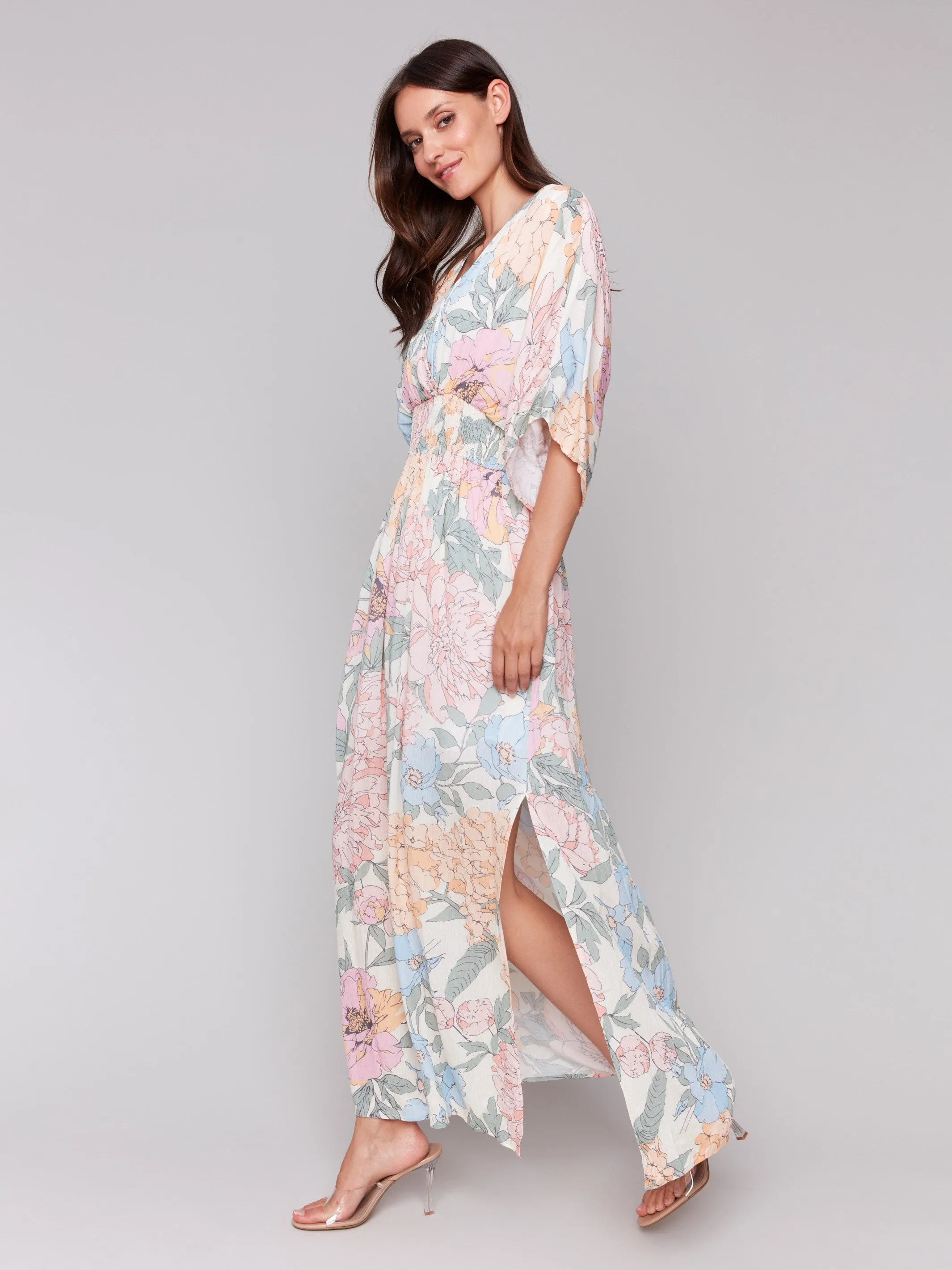 Printed Dolman Sleeve Maxi Dress with Side Slits - Dahlia