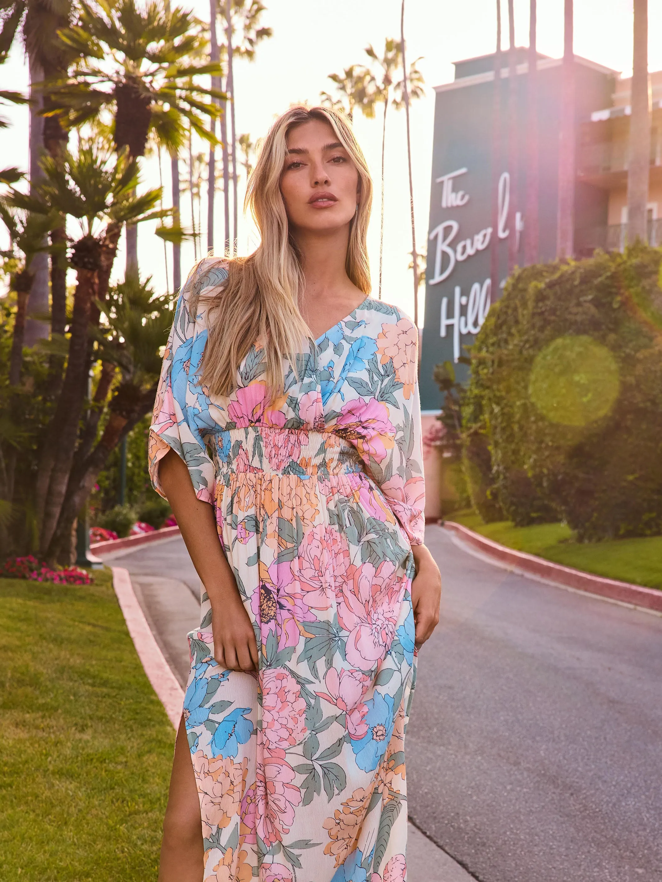 Printed Dolman Sleeve Maxi Dress with Side Slits - Dahlia