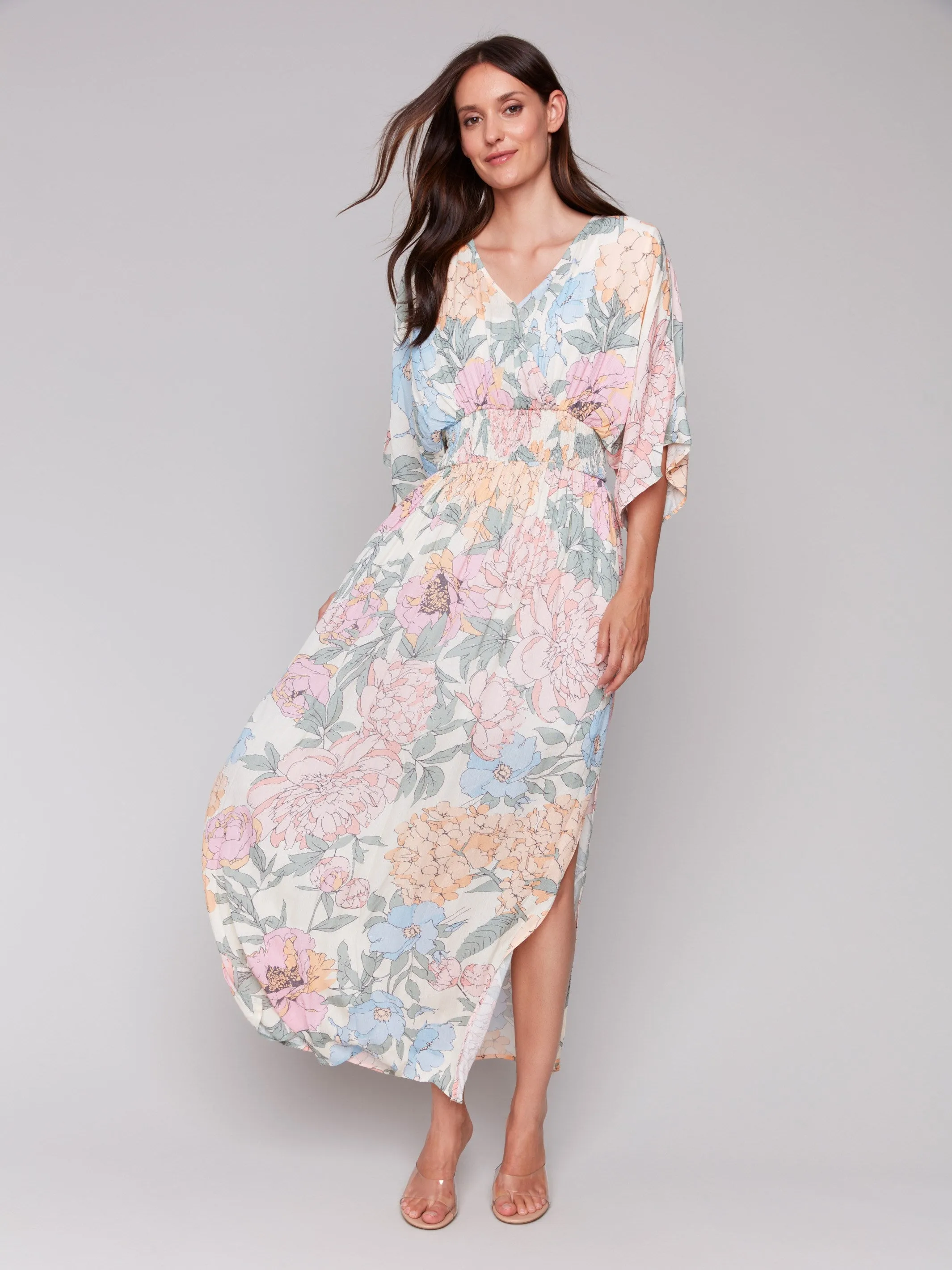 Printed Dolman Sleeve Maxi Dress with Side Slits - Dahlia