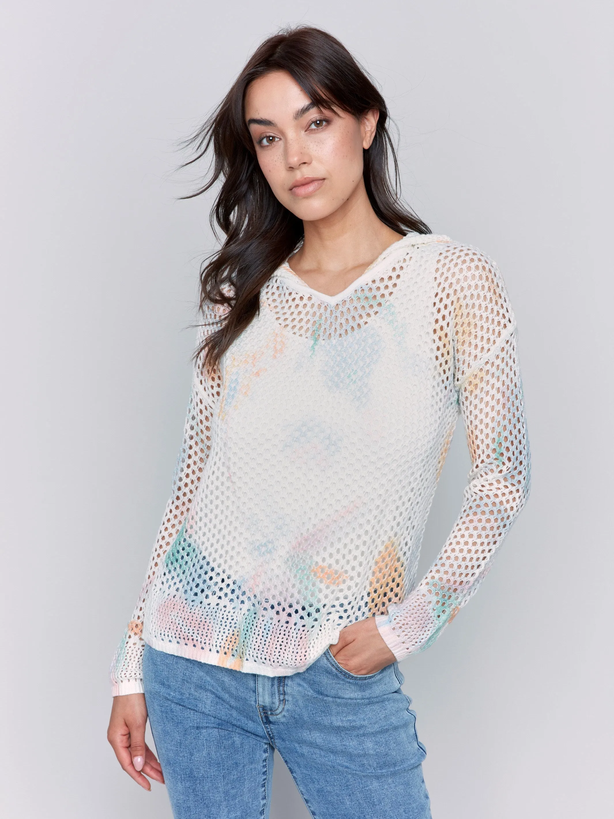 Printed Fishnet Crochet Hoodie Sweater - Pastel